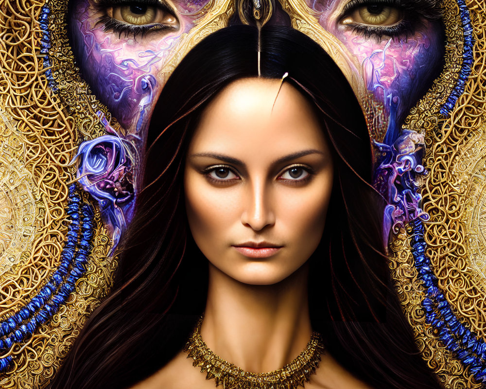 Striking woman with ornate golden and purple designs and intricate patterns.