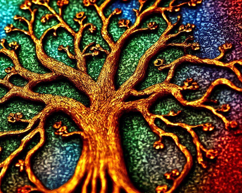 Detailed Vibrant Tree Artwork Against Multicolored Background