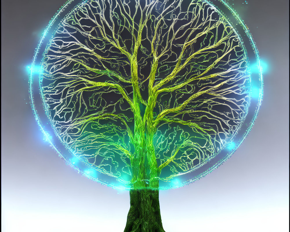 Luminous tree in circular energy field on dark background