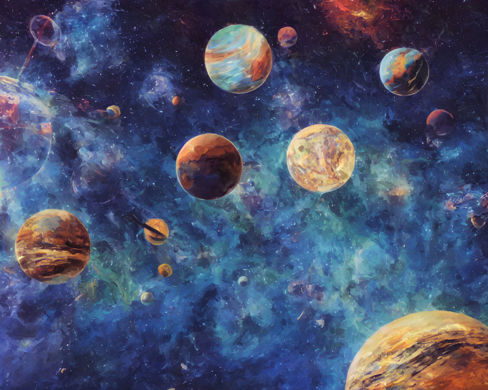 Colorful Cosmic Scene with Multiple Planets in Starry Nebula