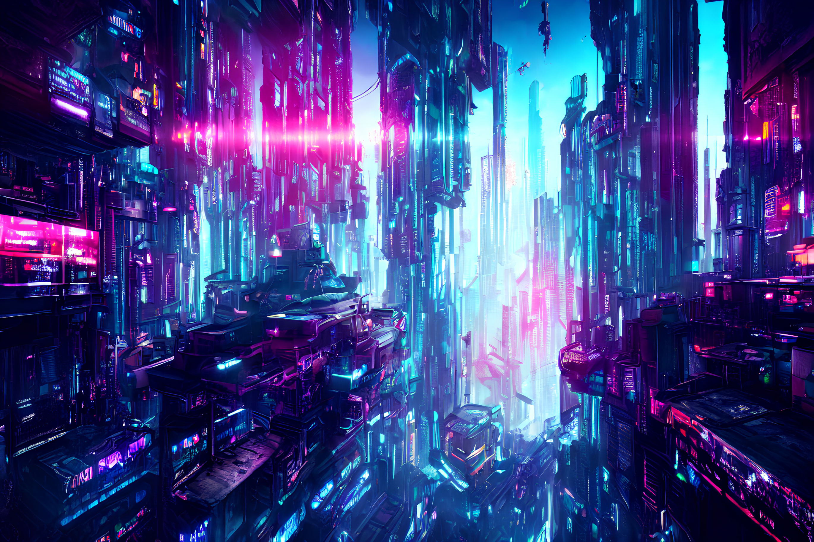 Neon-lit cyberpunk cityscape at twilight