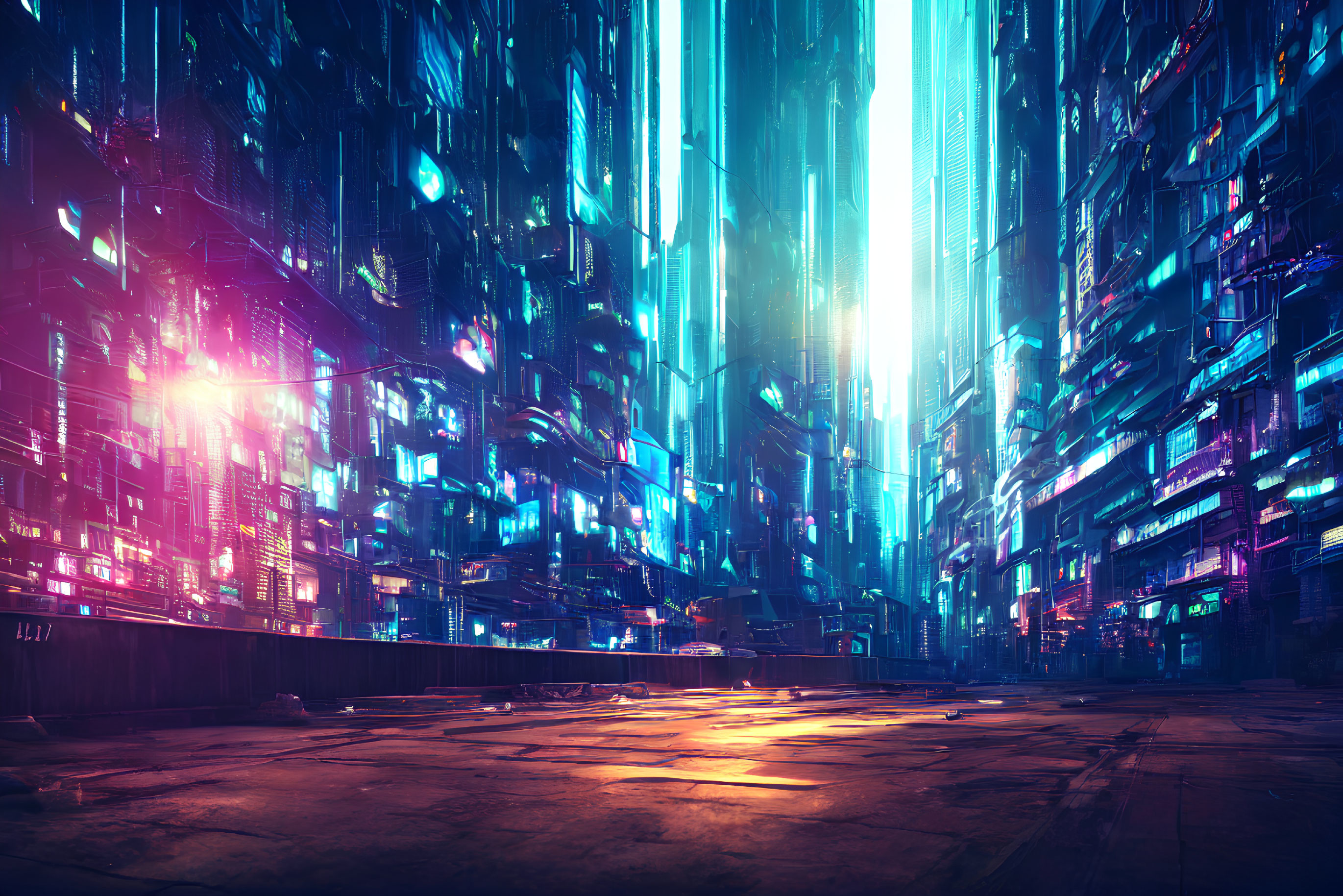 Futuristic cityscape with neon lights and skyscrapers at night