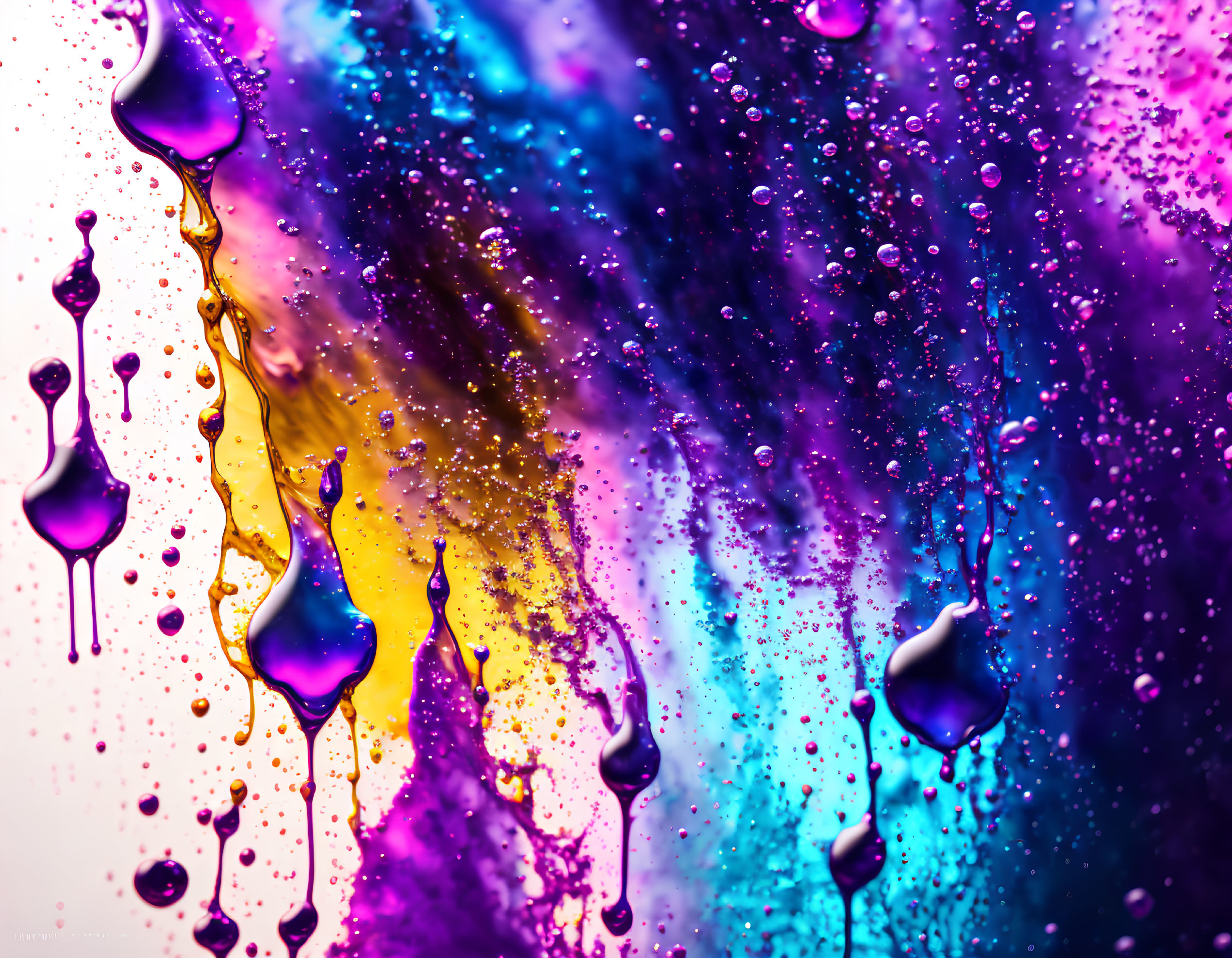 Vibrant water droplets and splashes on colorful gradient backdrop