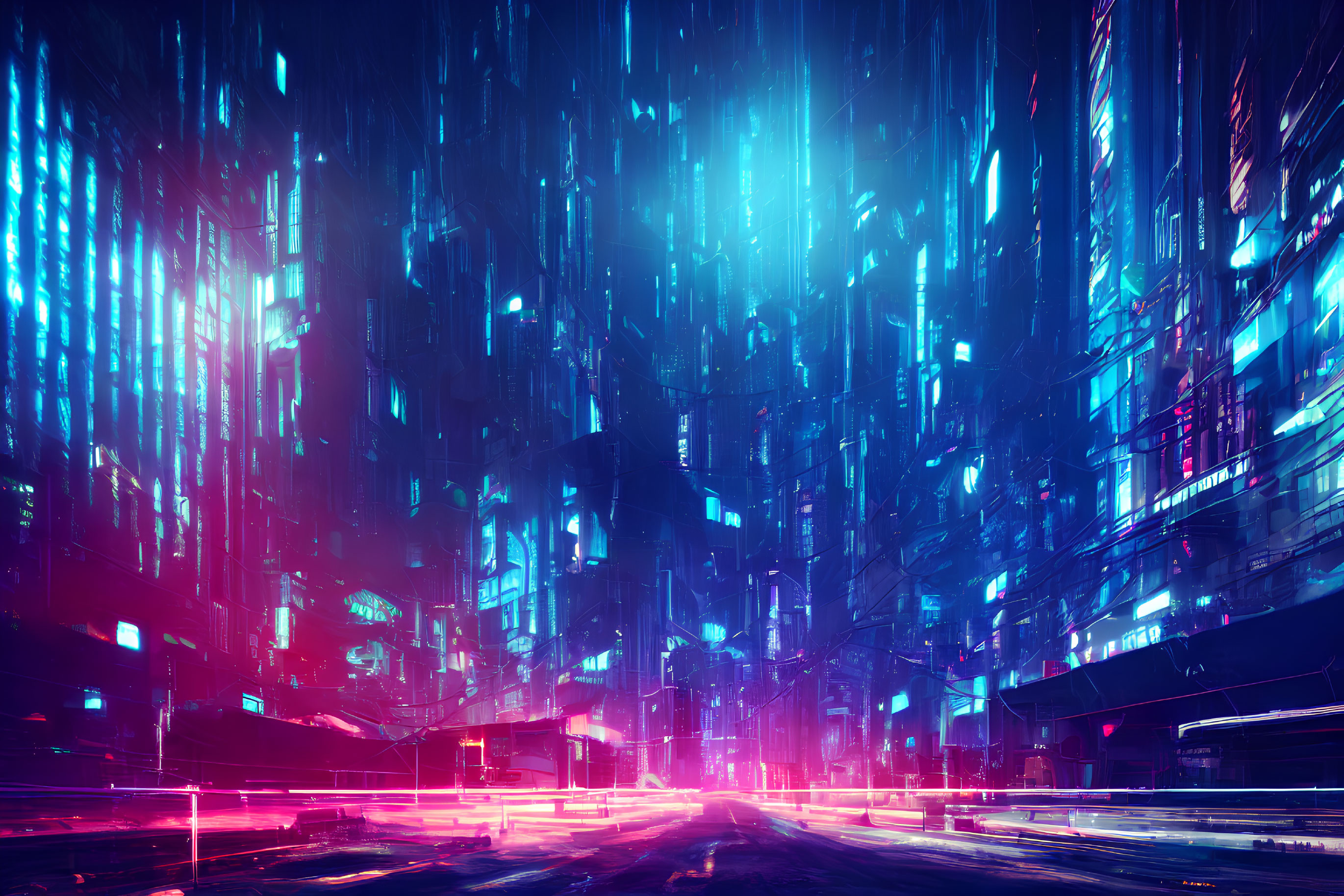 Futuristic neon-lit cityscape with vehicle streaks and radiant skyscrapers