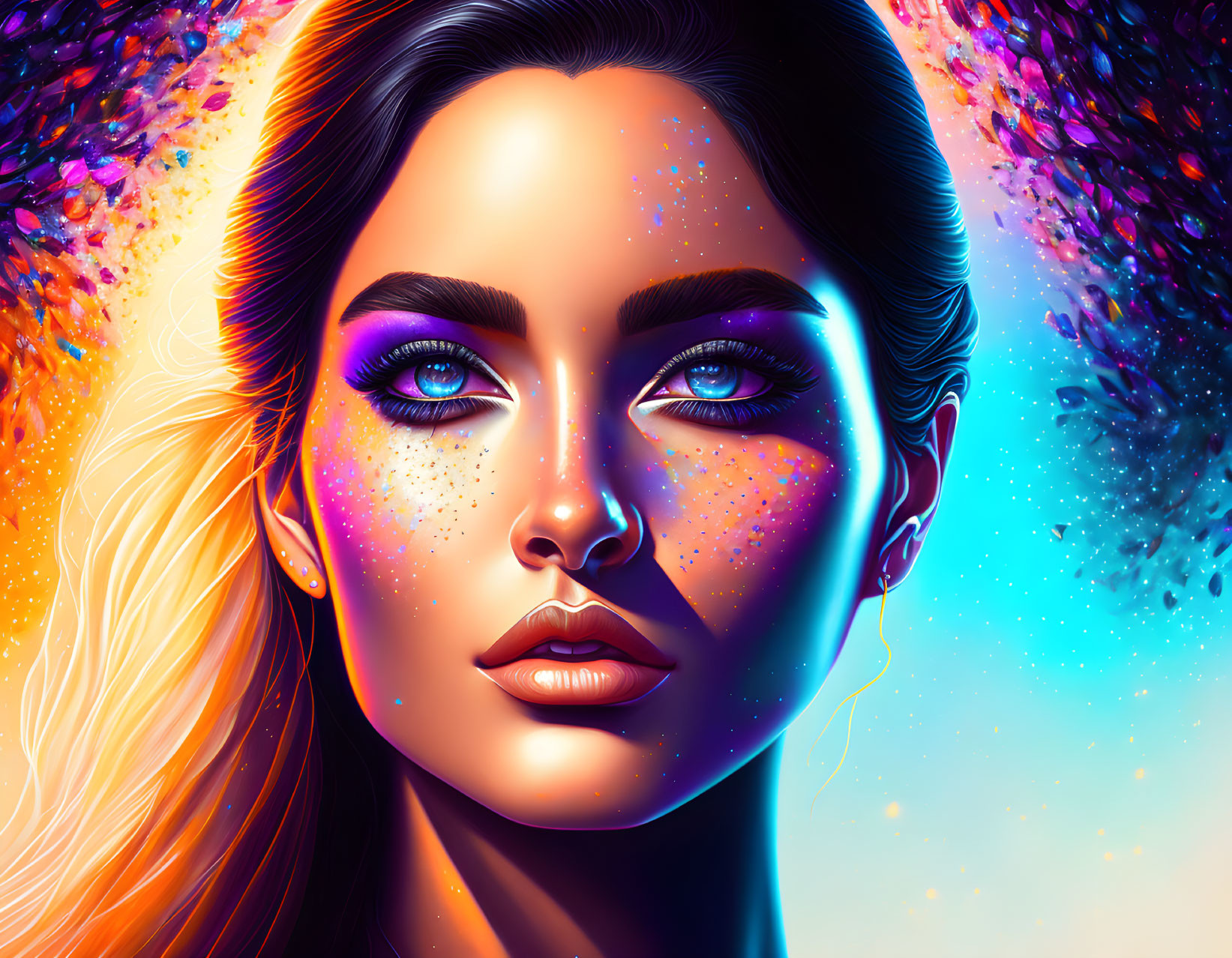 Detailed digital portrait of a woman with vibrant blue eyes, freckles, and cosmic backdrop