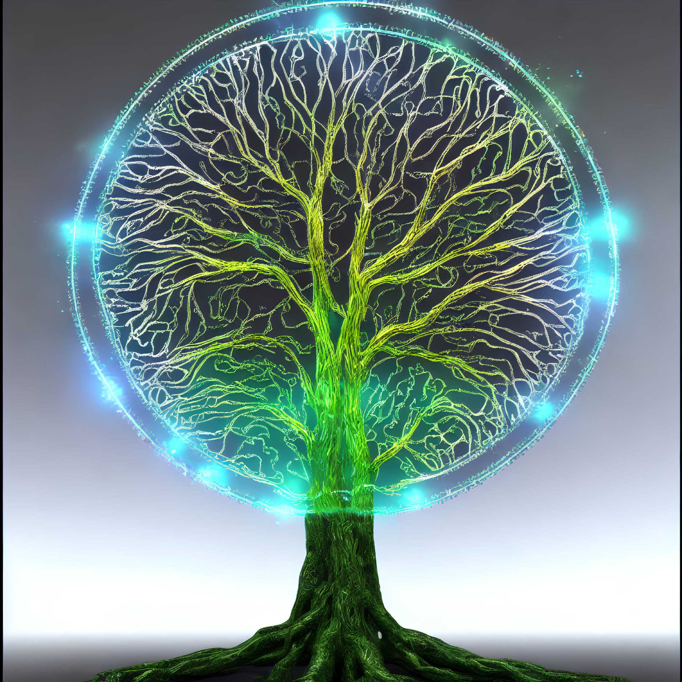 Luminous tree in circular energy field on dark background