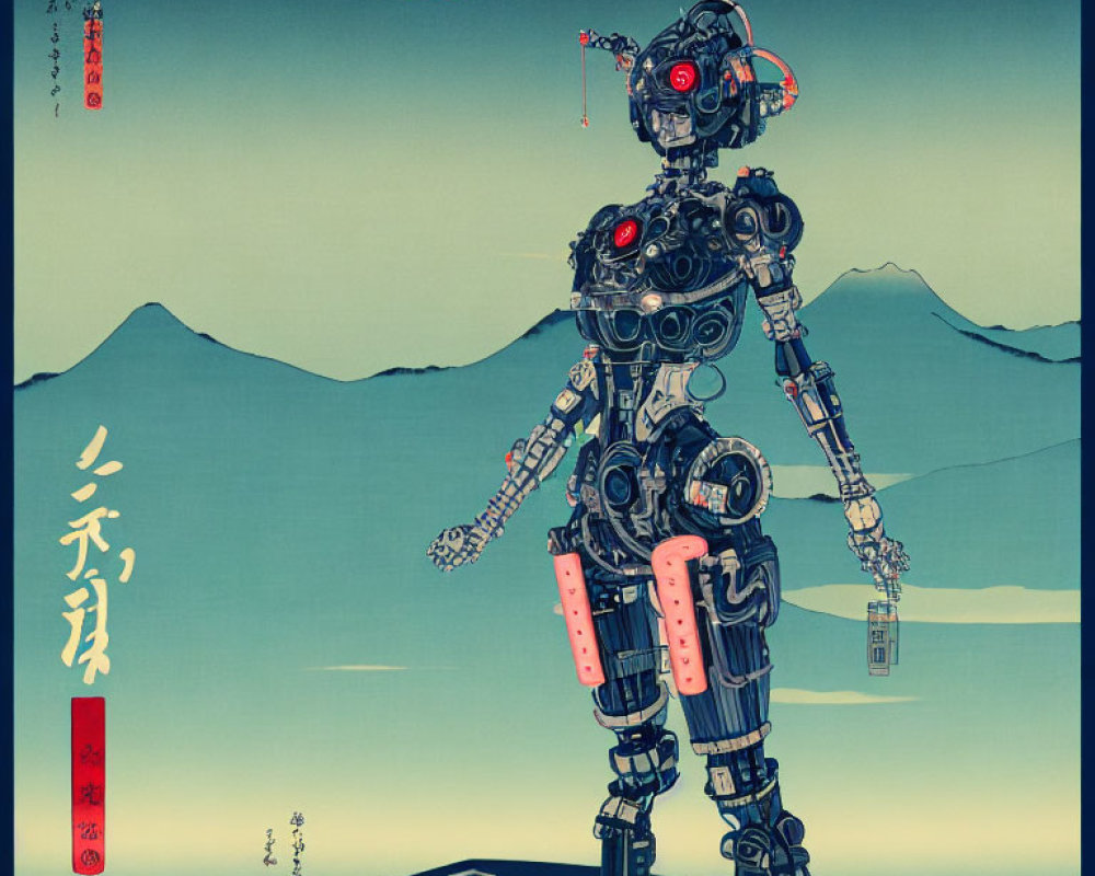 Stylized robot with intricate details against Mount Fuji backdrop