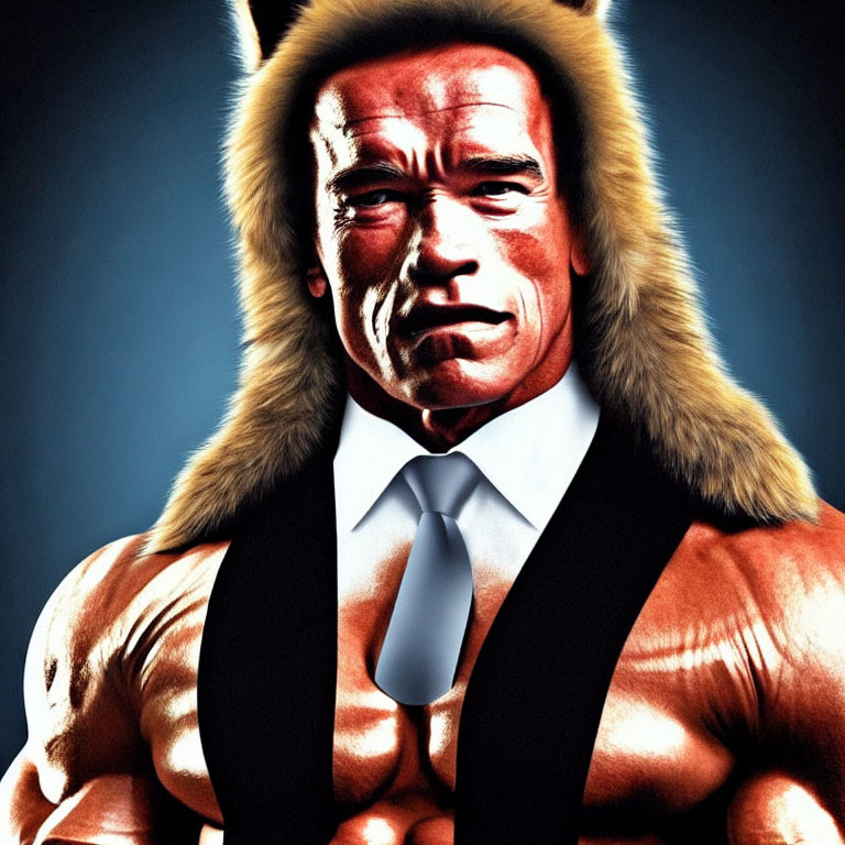 Muscular man in suit and animal fur hood with serious expression