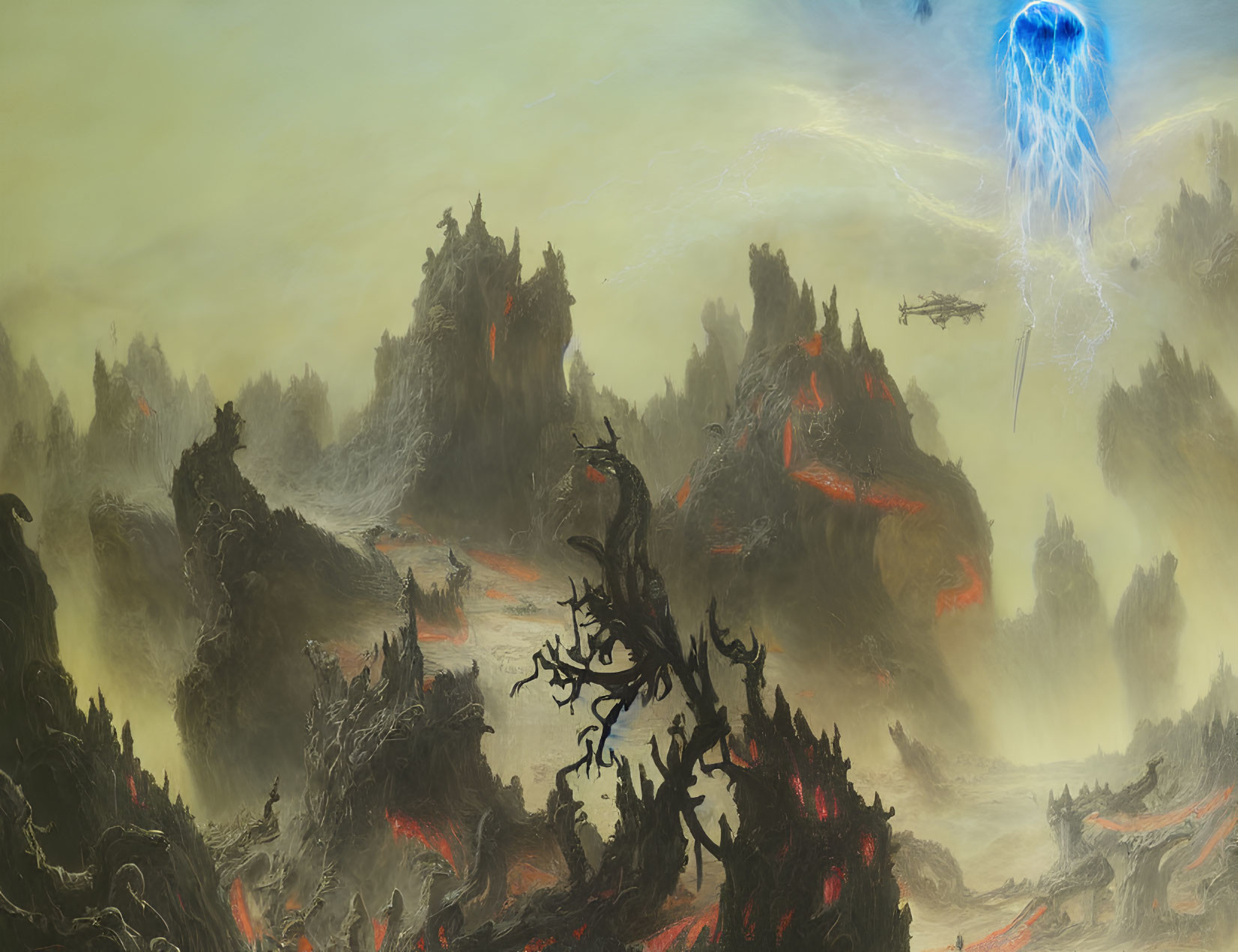 Fantastical landscape with jagged mountains, lava flows, and glowing energy portal