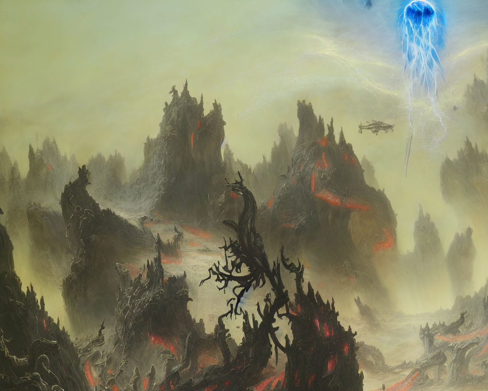 Fantastical landscape with jagged mountains, lava flows, and glowing energy portal