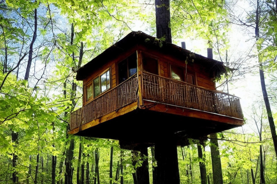 Rustic treehouse with wooden balcony in lush forest setting