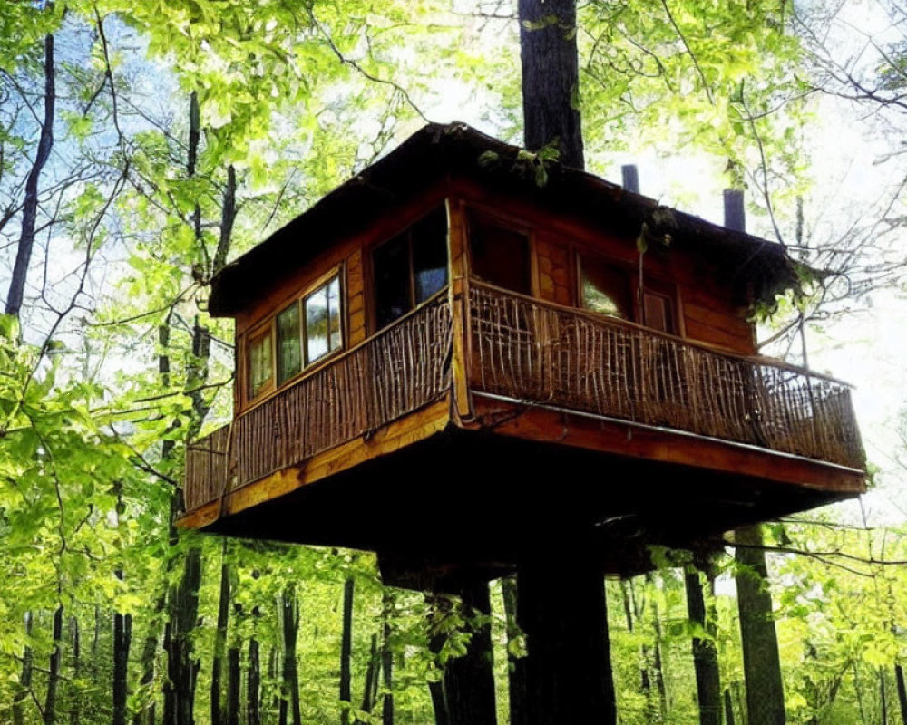 Rustic treehouse with wooden balcony in lush forest setting