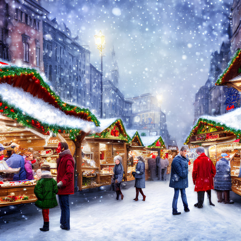 Winter Holiday Market with Snowfall and Festive Decorations
