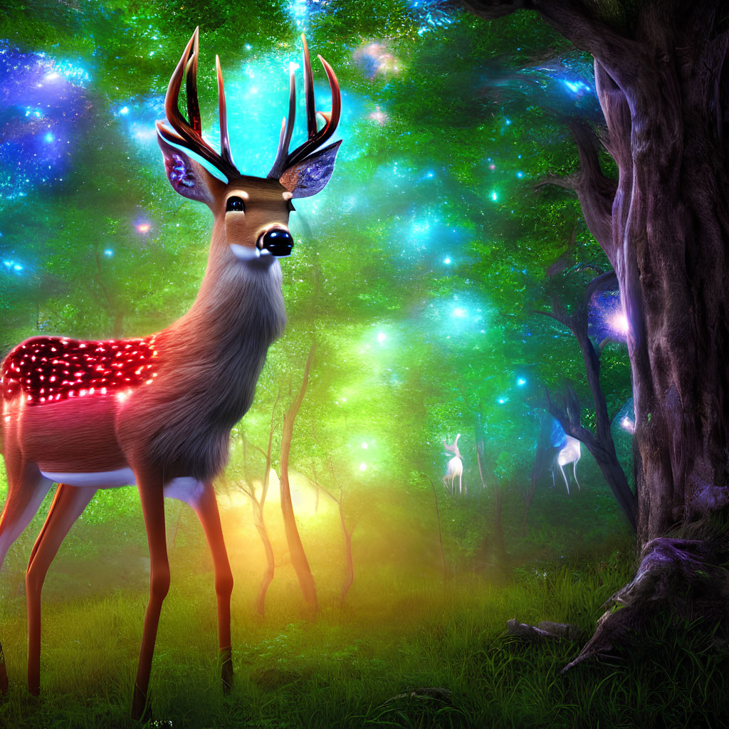 Glowing antlered deer in enchanted forest with blue lights