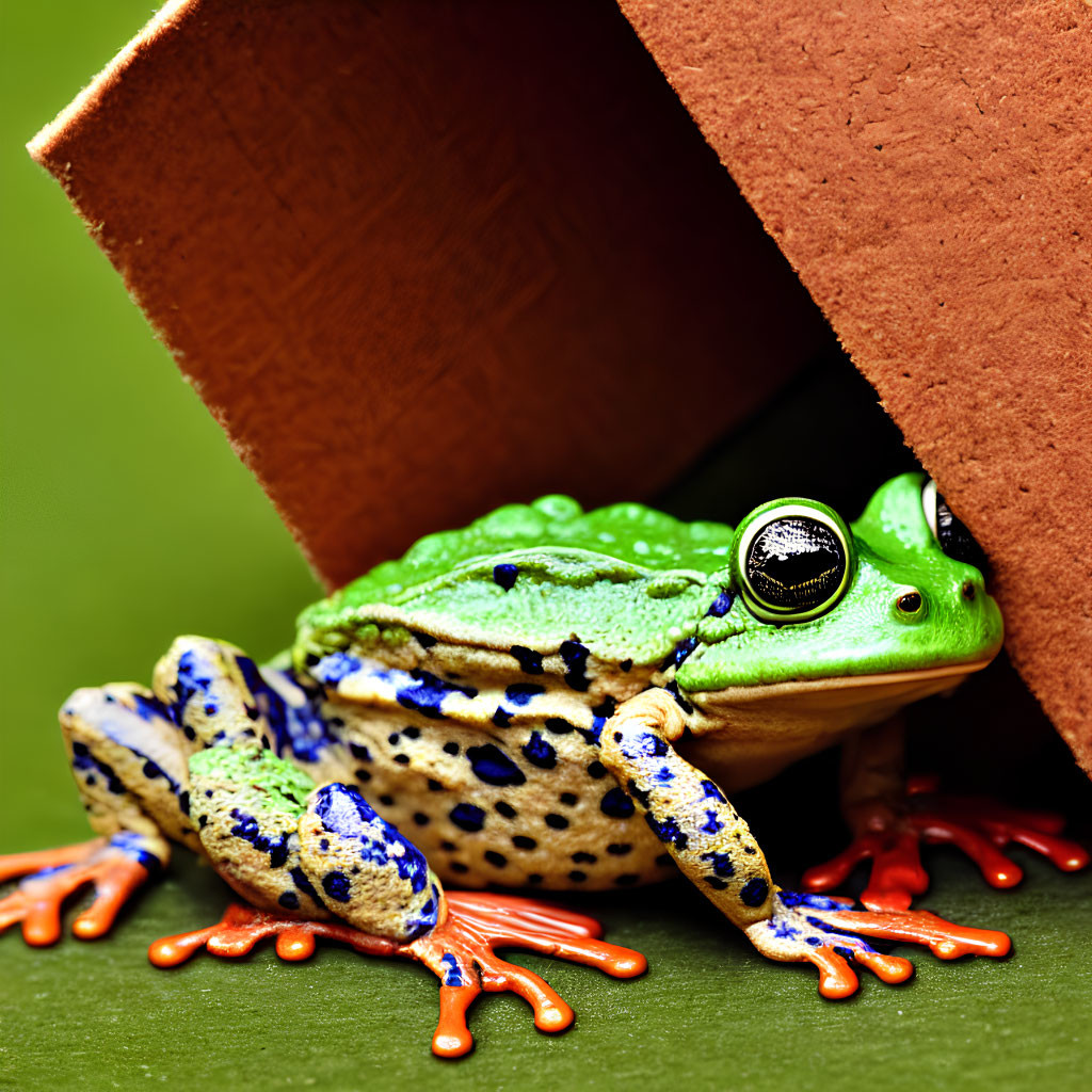 Colorful Frog with Blue Spots Resting Under Cardboard Box