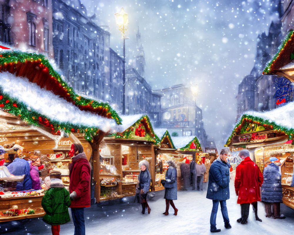 Winter Holiday Market with Snowfall and Festive Decorations
