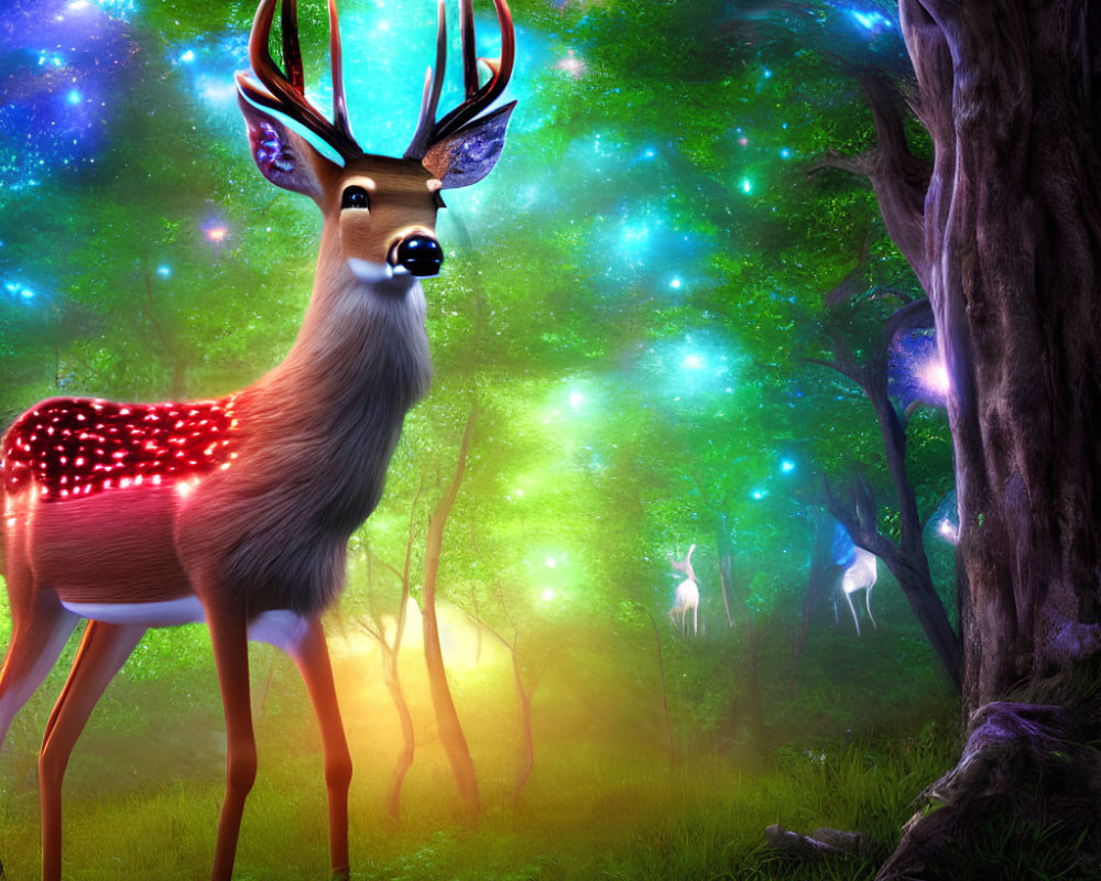 Glowing antlered deer in enchanted forest with blue lights