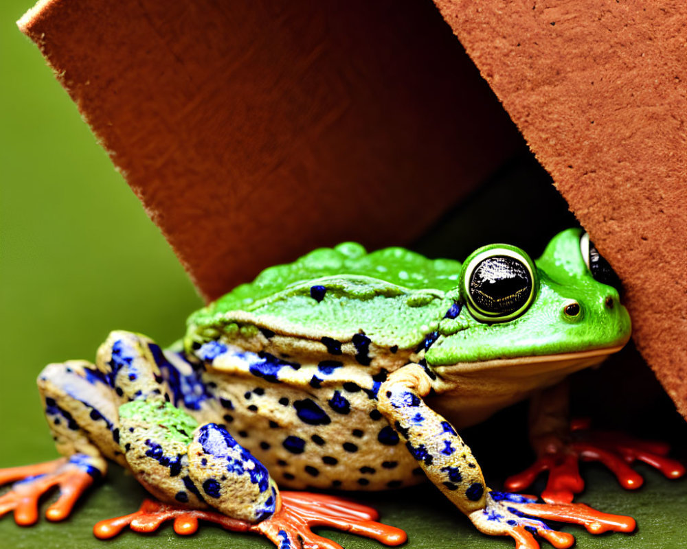 Colorful Frog with Blue Spots Resting Under Cardboard Box