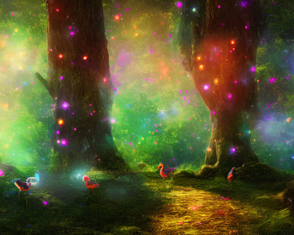 Mystical forest glade with vibrant lights, towering trees, nebulae, and flamingos