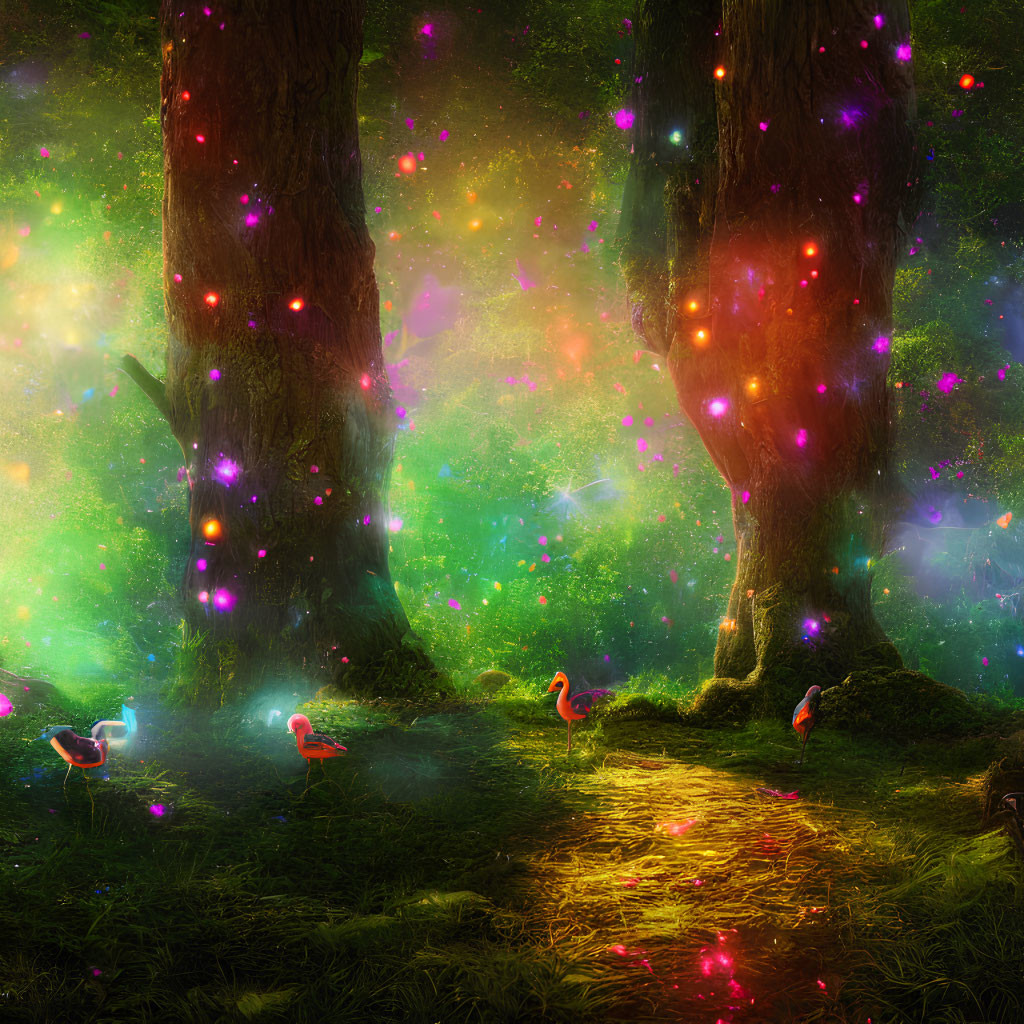 Mystical forest glade with vibrant lights, towering trees, nebulae, and flamingos