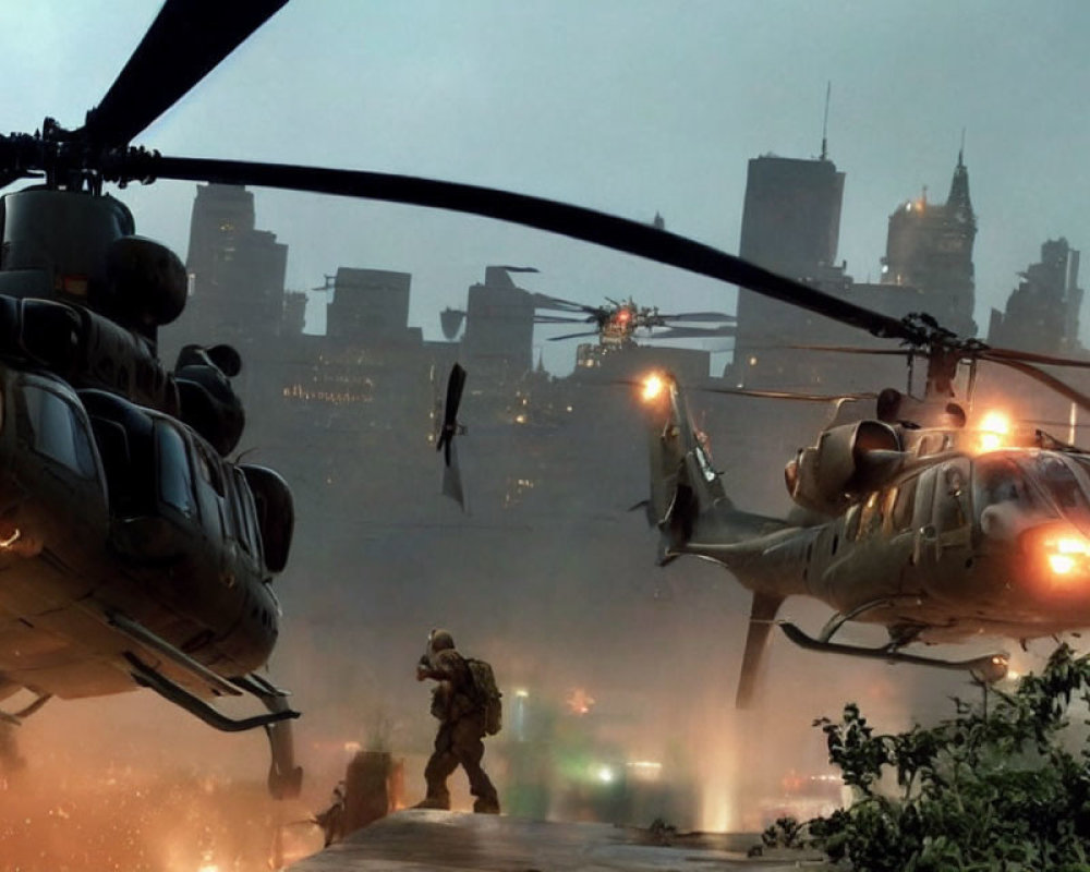 Military helicopters land in dystopian cityscape with soldier in foggy twilight.