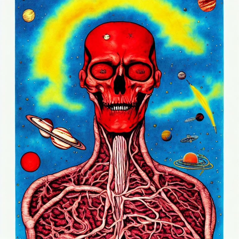 Red skull with brain and neck anatomy on cosmic background with planets, comet, and stars.