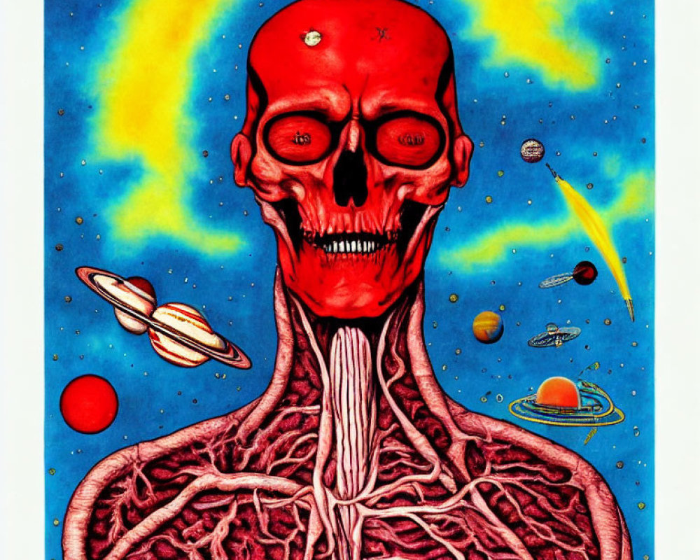 Red skull with brain and neck anatomy on cosmic background with planets, comet, and stars.