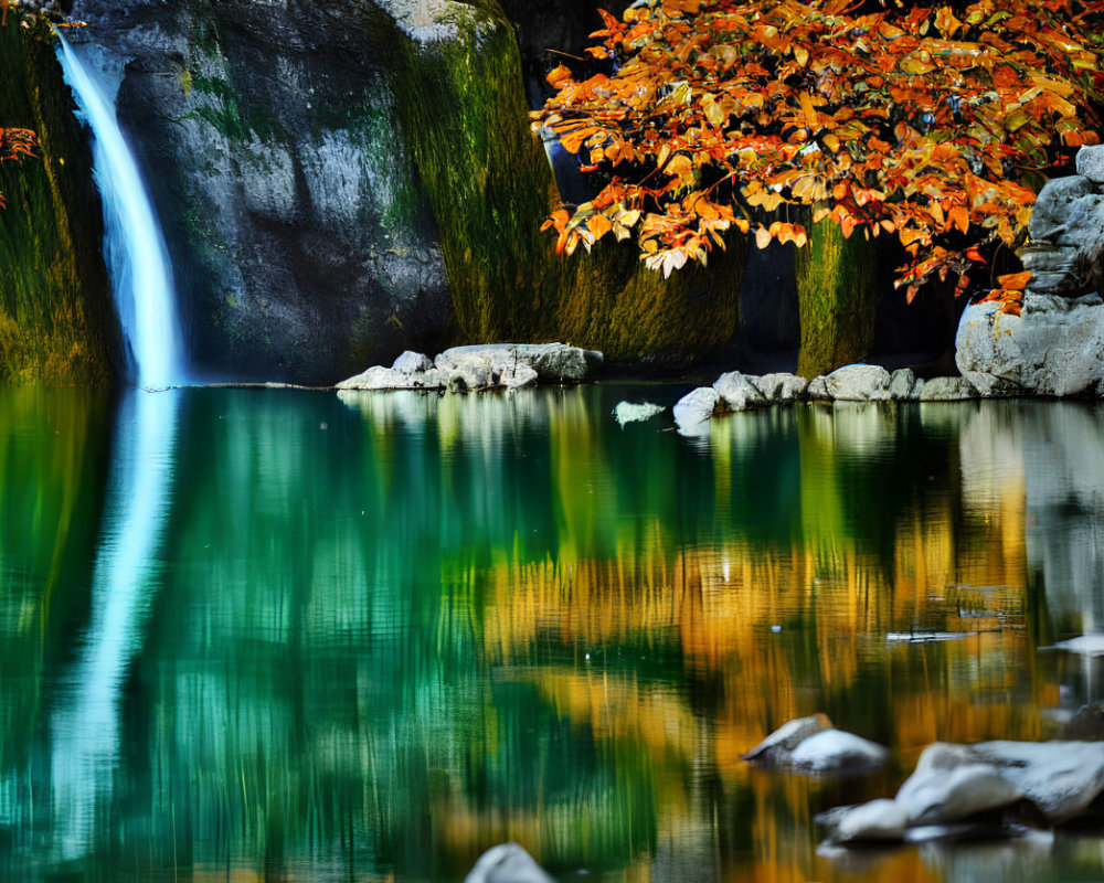 Tranquil pond with small waterfall and autumnal foliage