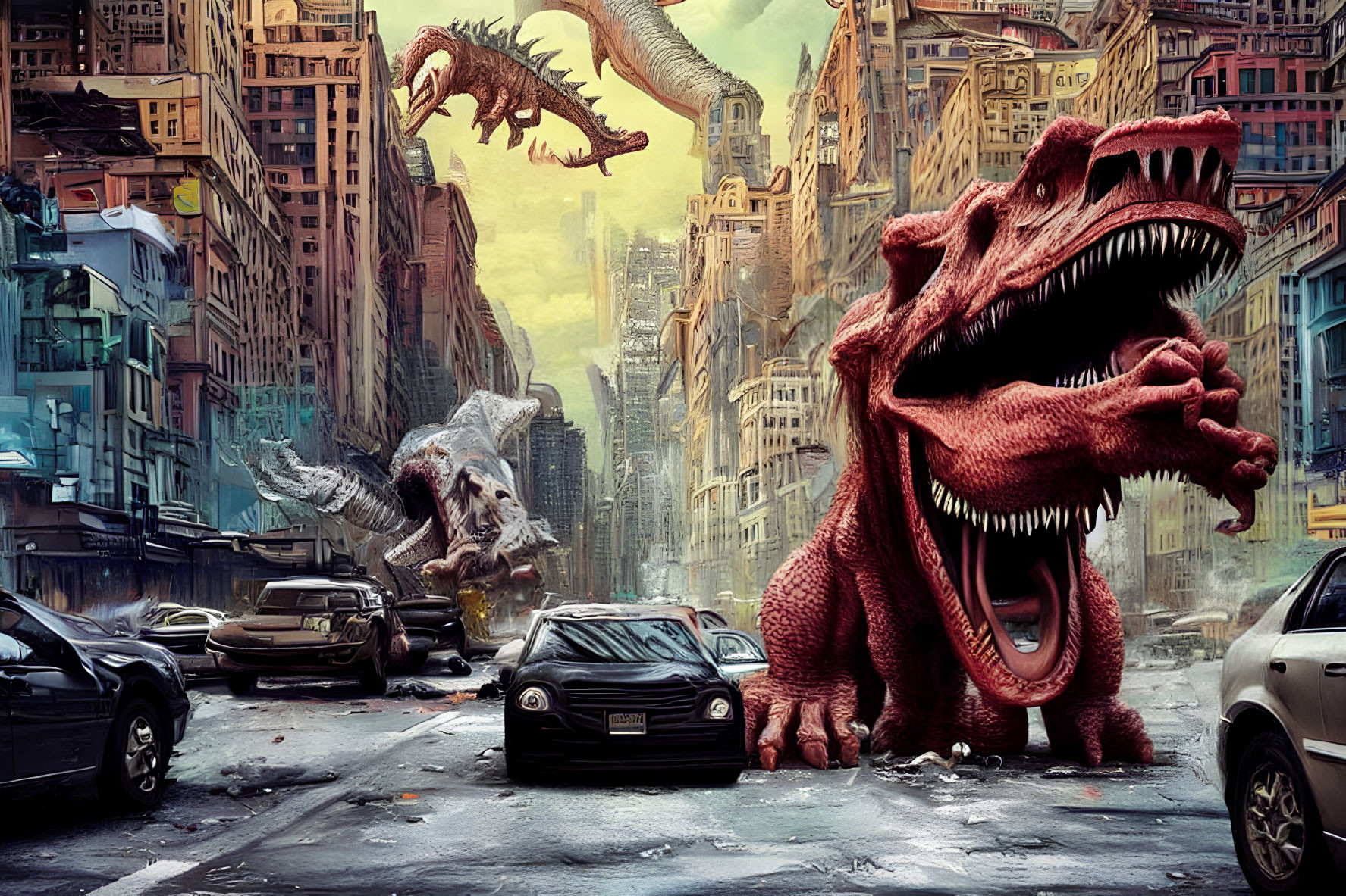 Massive red and gray dinosaurs wreak havoc in a destroyed cityscape.