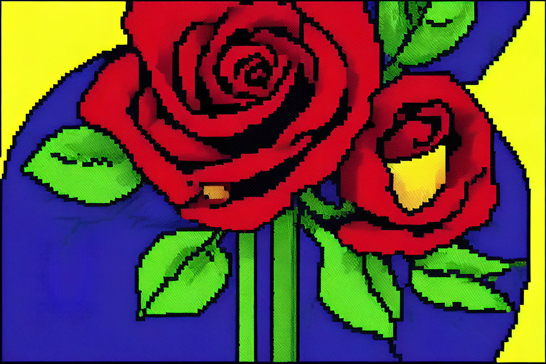 Stylized pixel art of vibrant red roses on split background