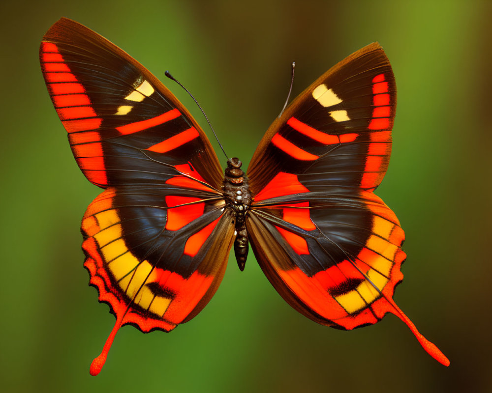 Colorful Butterfly with Striped Wings on Green Background