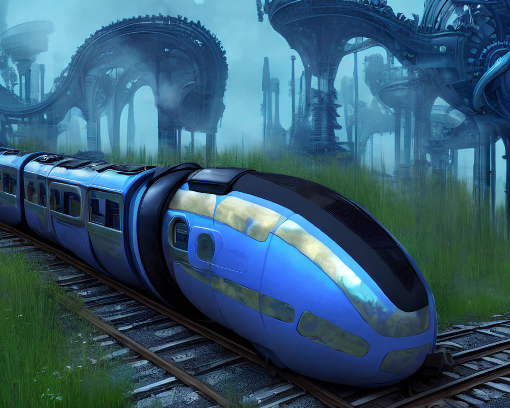 Futuristic blue train in misty sci-fi setting with metallic structures