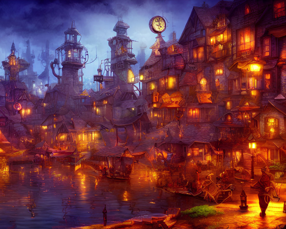 Whimsical lantern-lit town at twilight with clock tower