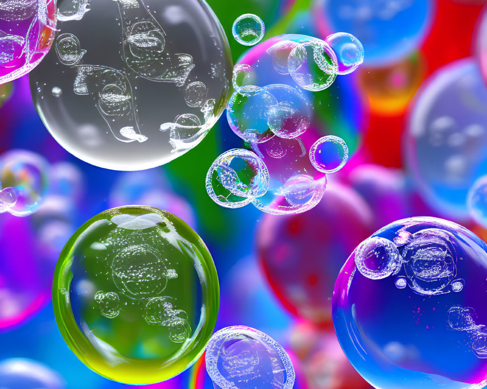 Colorful soap bubbles on reflective surface against bokeh background