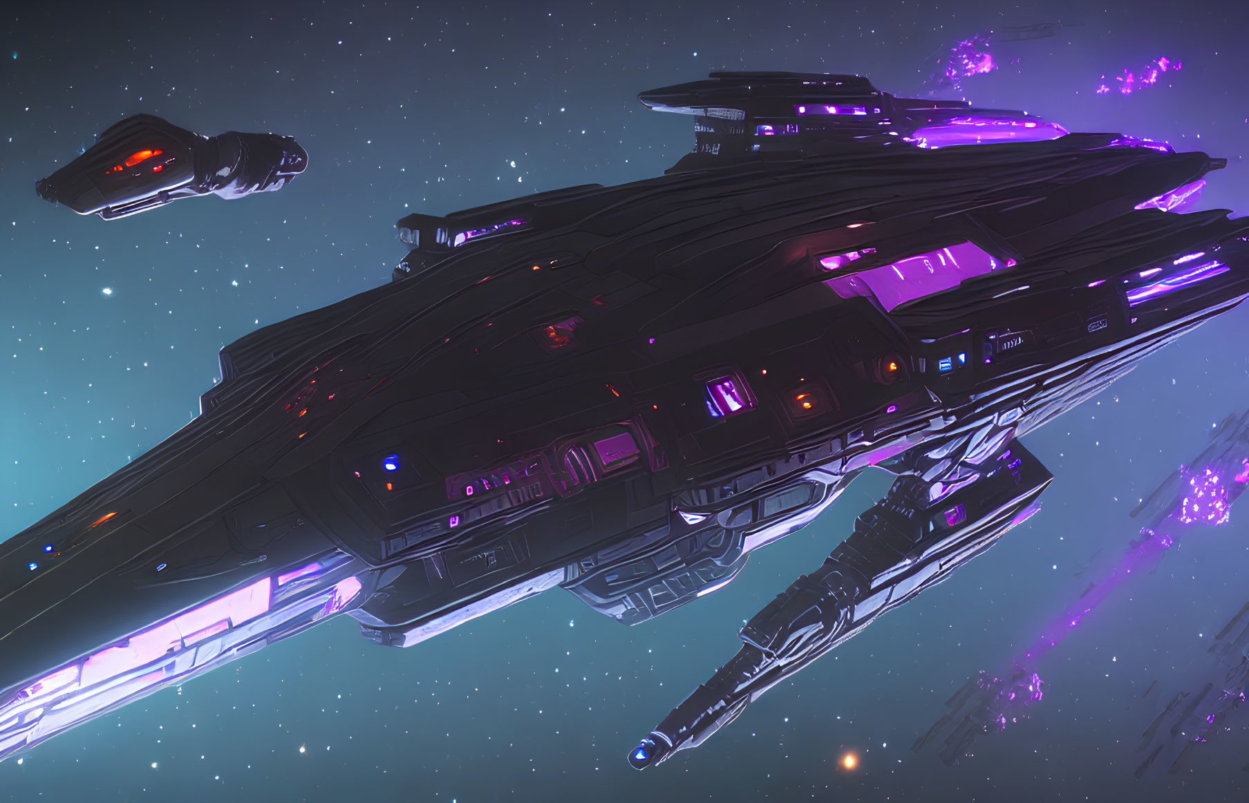 Detailed Spaceship with Glowing Purple and Blue Accents in Space