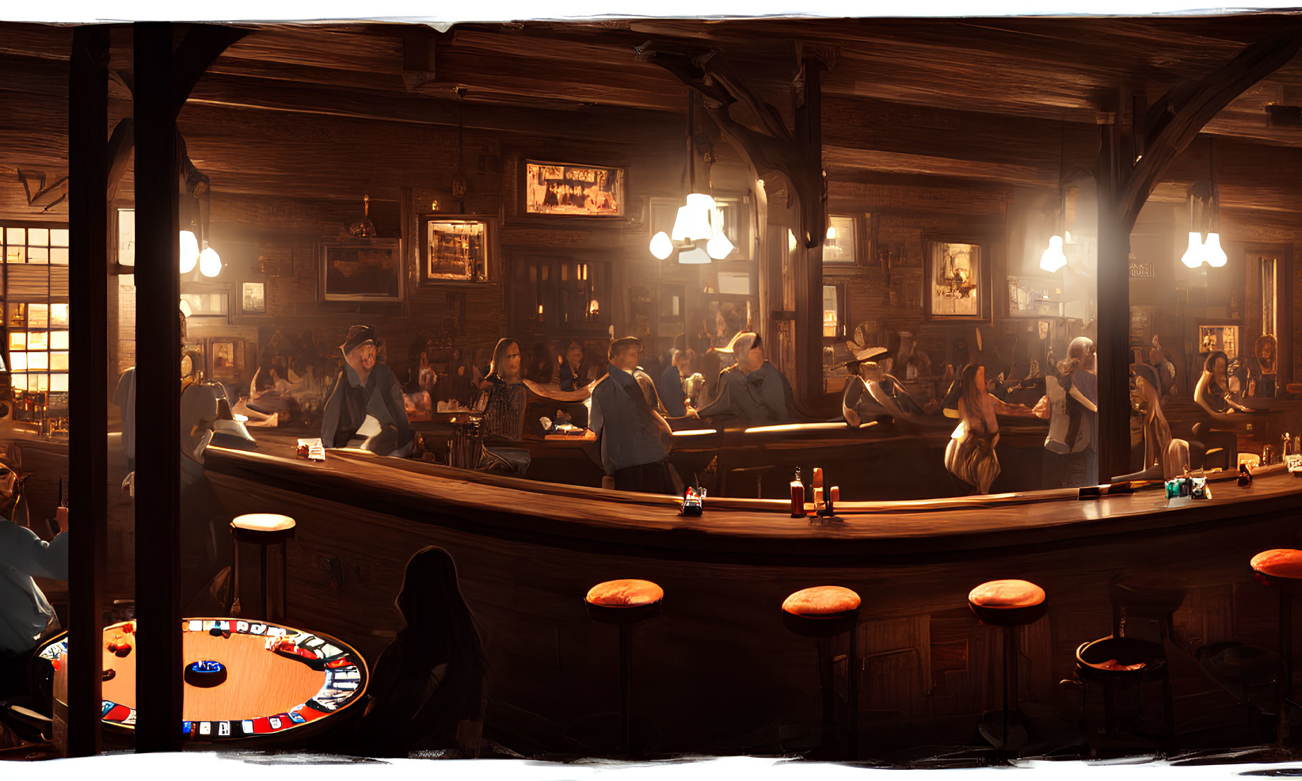 Vintage-style bar with patrons, waitstaff, and roulette wheel