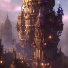 Fantasy castle with ornate towers in rosy sky