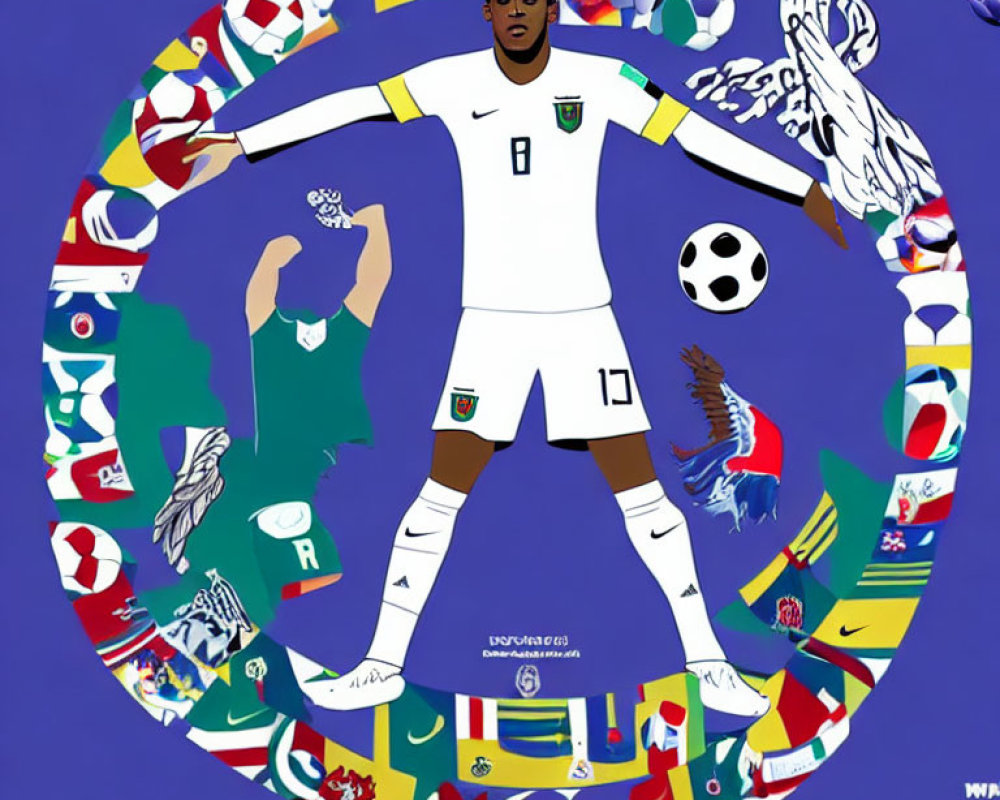 Soccer player illustration with colorful graphics and flags