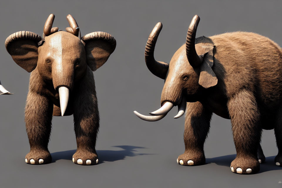 Stylized cartoonish elephant-like creatures with tusks and curled horns