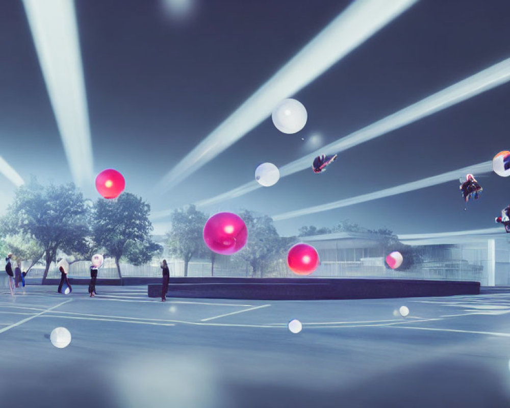 Futuristic twilight scene with levitating people and glowing orbs
