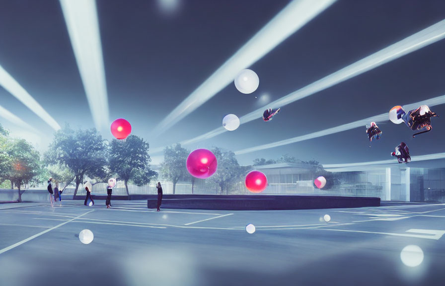 Futuristic twilight scene with levitating people and glowing orbs
