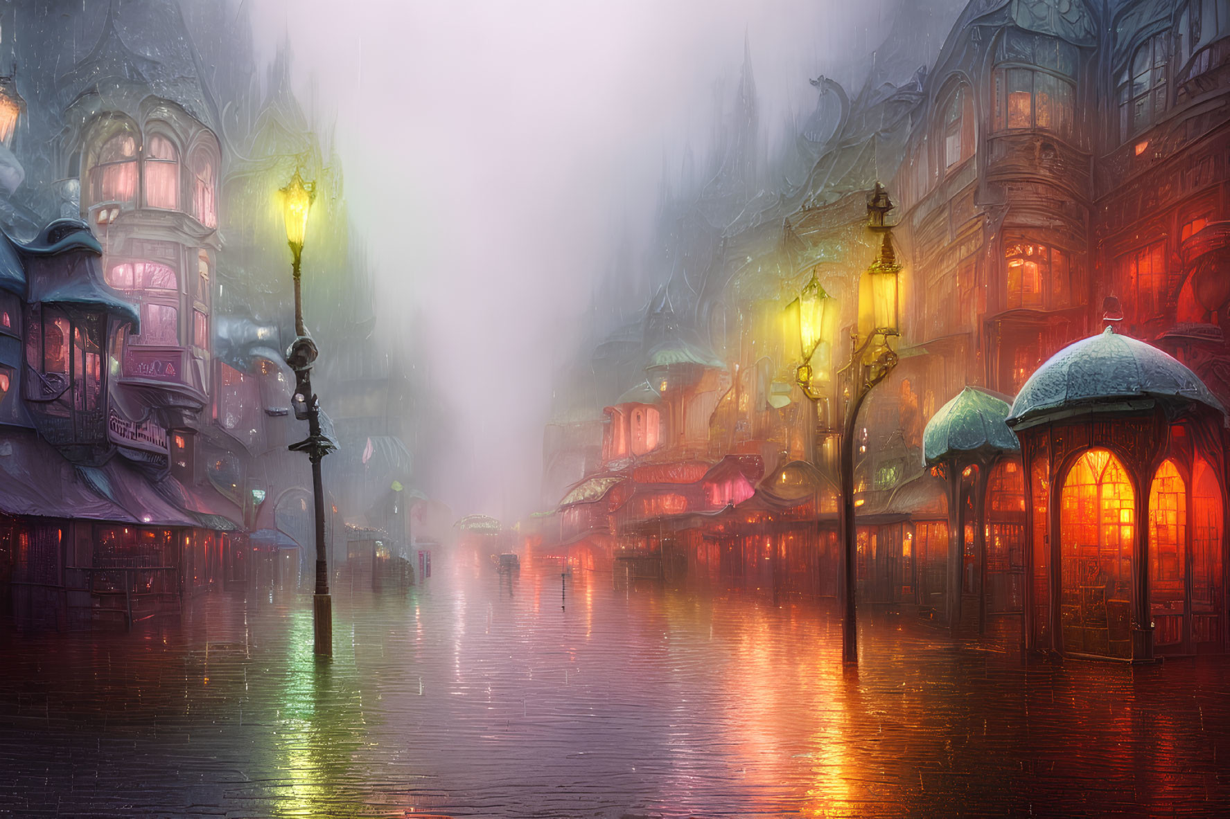 Victorian-style buildings on misty cobblestone street at twilight