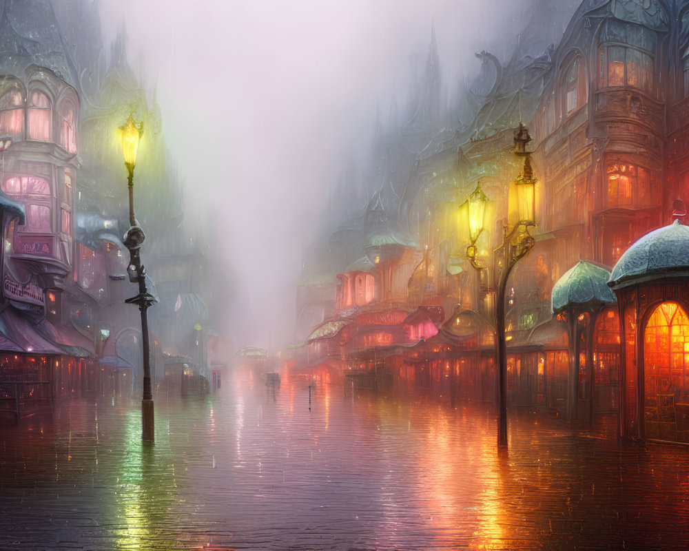 Victorian-style buildings on misty cobblestone street at twilight