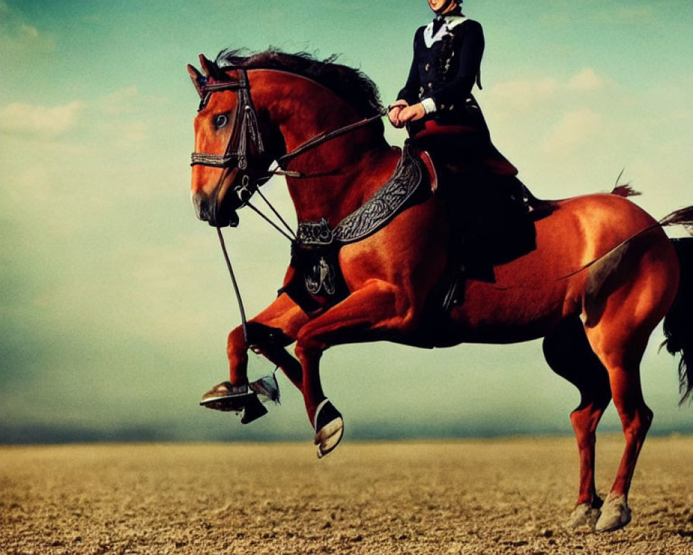 Equestrian rider on galloping chestnut horse in barren field