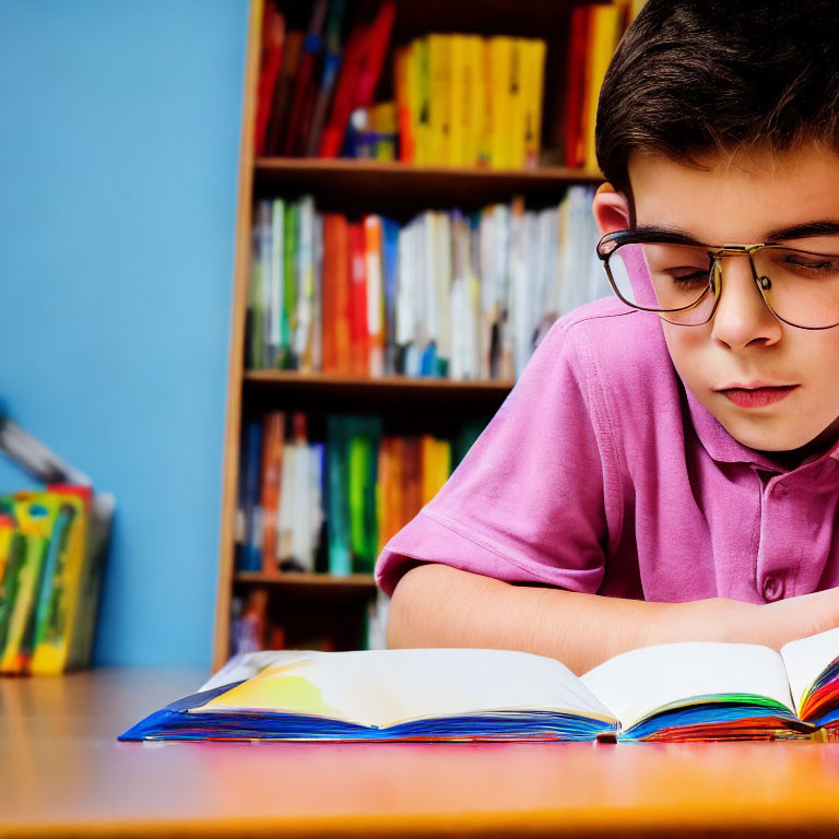 Young boy in pink shirt reading book in front of colorful bookshelf