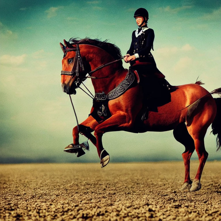 Equestrian rider on galloping chestnut horse in barren field