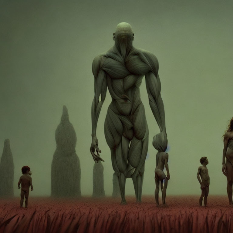 Gigantic muscular creature surrounded by smaller beings in a desolate landscape