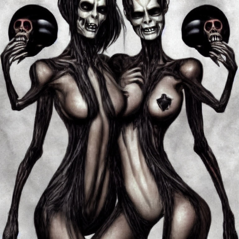 Gothic-style art: Three skeletal figures with exaggerated grins and skulls