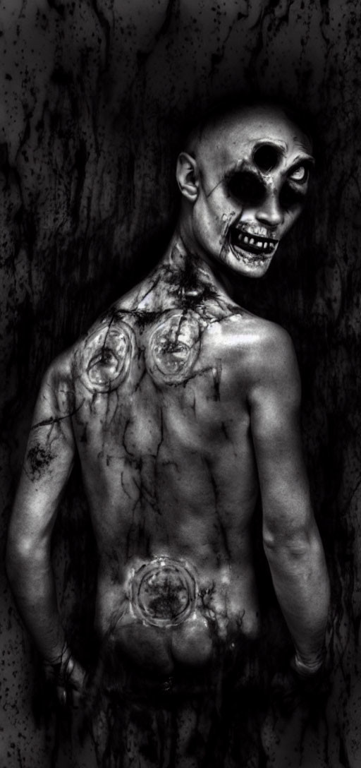 Sinister skeletal face paint and dark textured body art portrayal