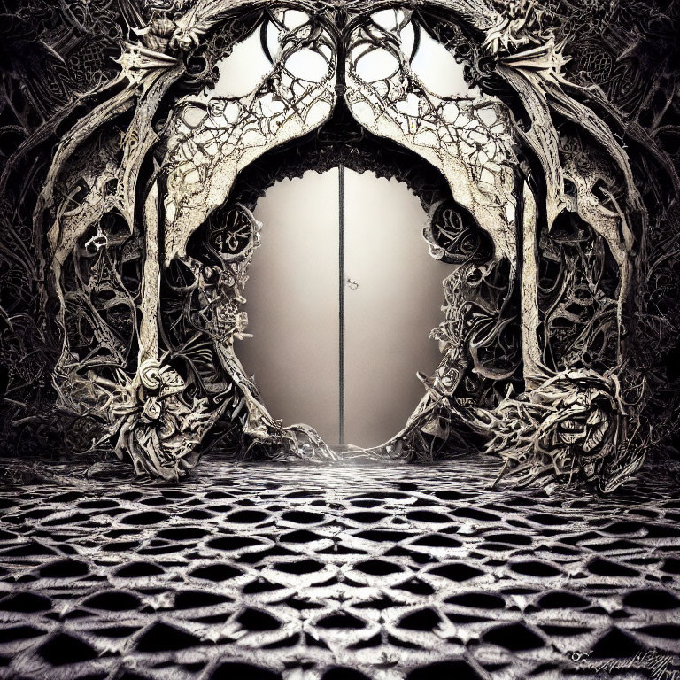 Intricate Gothic archway in foggy space with patterned floor